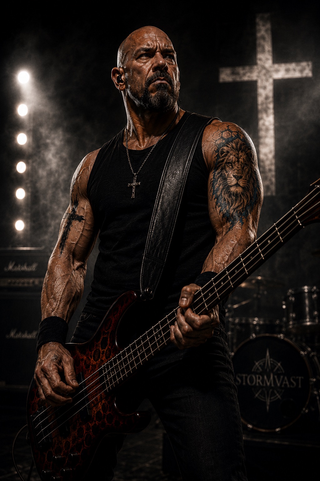 STORMVAST artist playing bass on a dark stage with a cross behind him.